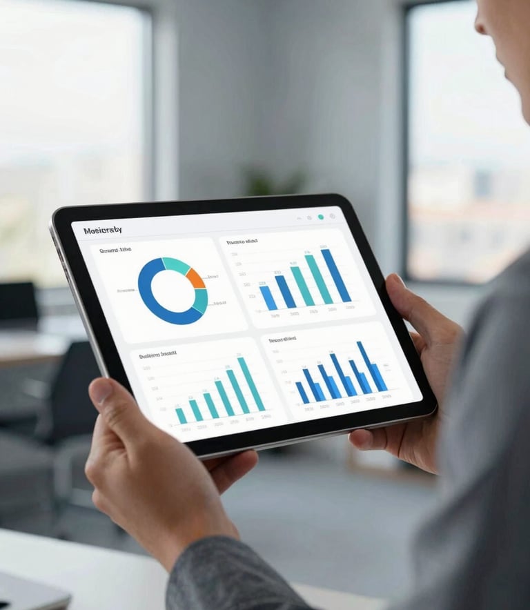 A close-up of a professional in business-casual attire holding a high-end tablet displaying clean, modern data visualizations and charts. The setting is a bright, airy North American office with soft gray-blue walls and large windows.