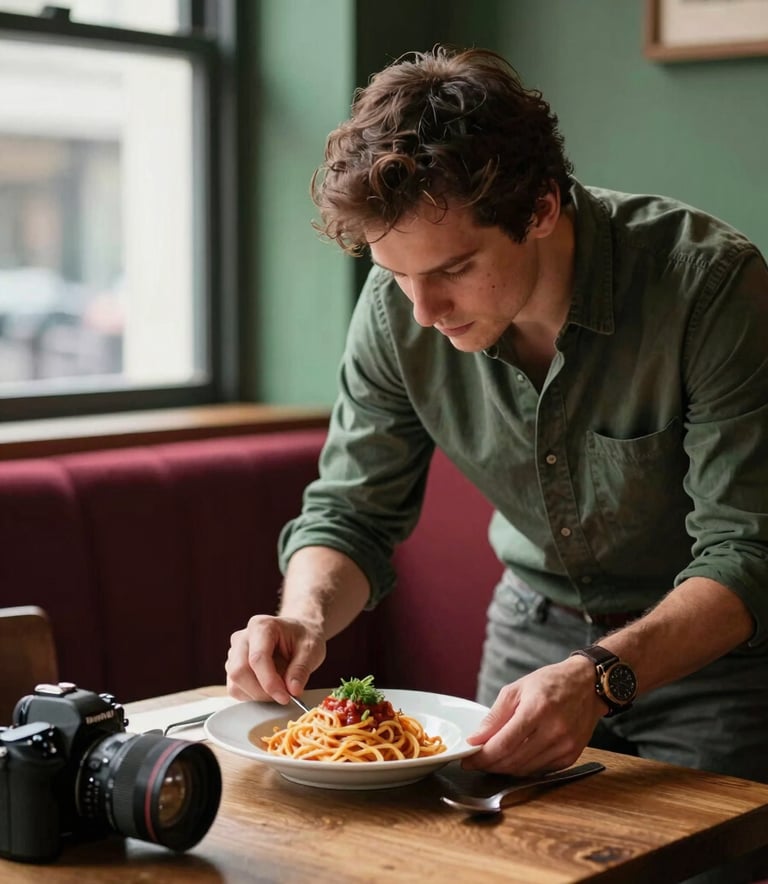 A professional photographer in a cozy North American restaurant setting, carefully arranging a plate of artisanal pasta for a social media shoot. Soft natural window light, Matte Forest Green and Deep Ripe Crimson accents in the decor. High-end camera gear visible.