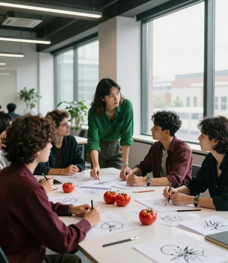 A clean, modern North American office space with large windows. A creative team is brainstorming around a table covered in crisp parchment paper sketches and fresh tomatoes. Professional atmosphere, Deep Ripe Crimson and Matte Forest Green color palette.