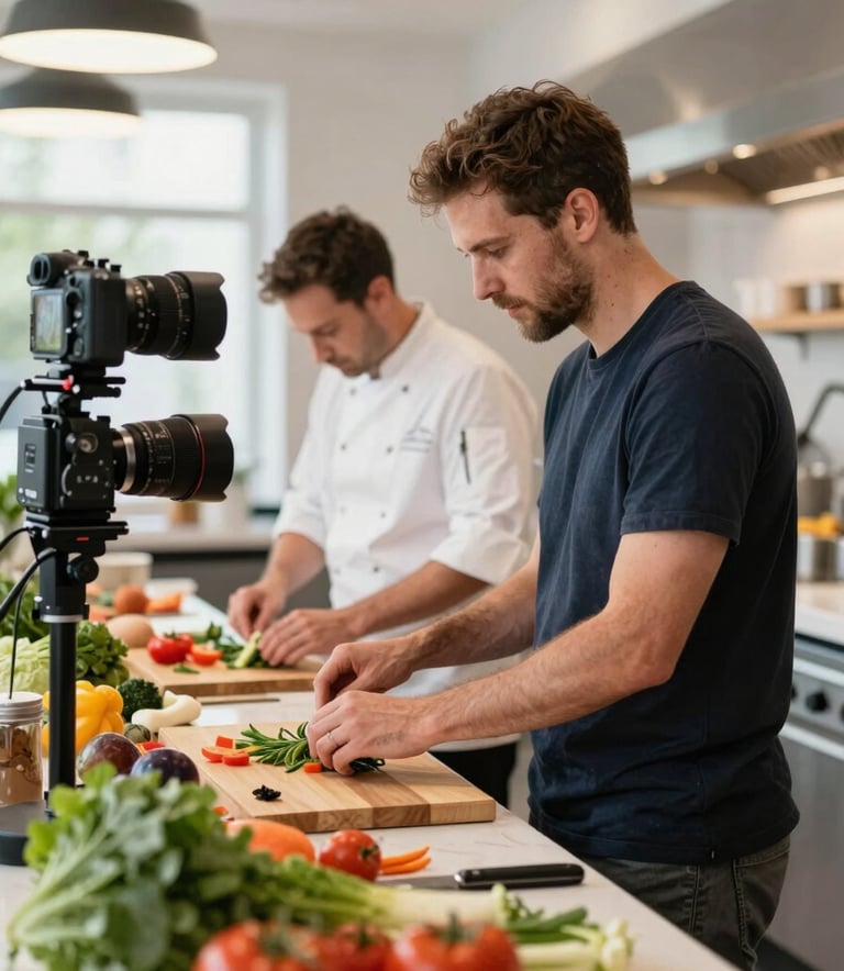 Behind-the-scenes photography of a creative director shooting high-quality video of a chef at work in a bright, modern North American restaurant, focusing on the vibrant colors of fresh produce.