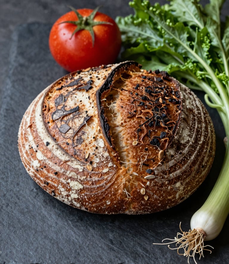 Professional high-contrast food photography of an artisanal sourdough loaf and fresh organic vegetables on a dark stone surface, captured in a North American / US farm-to-table restaurant kitchen.