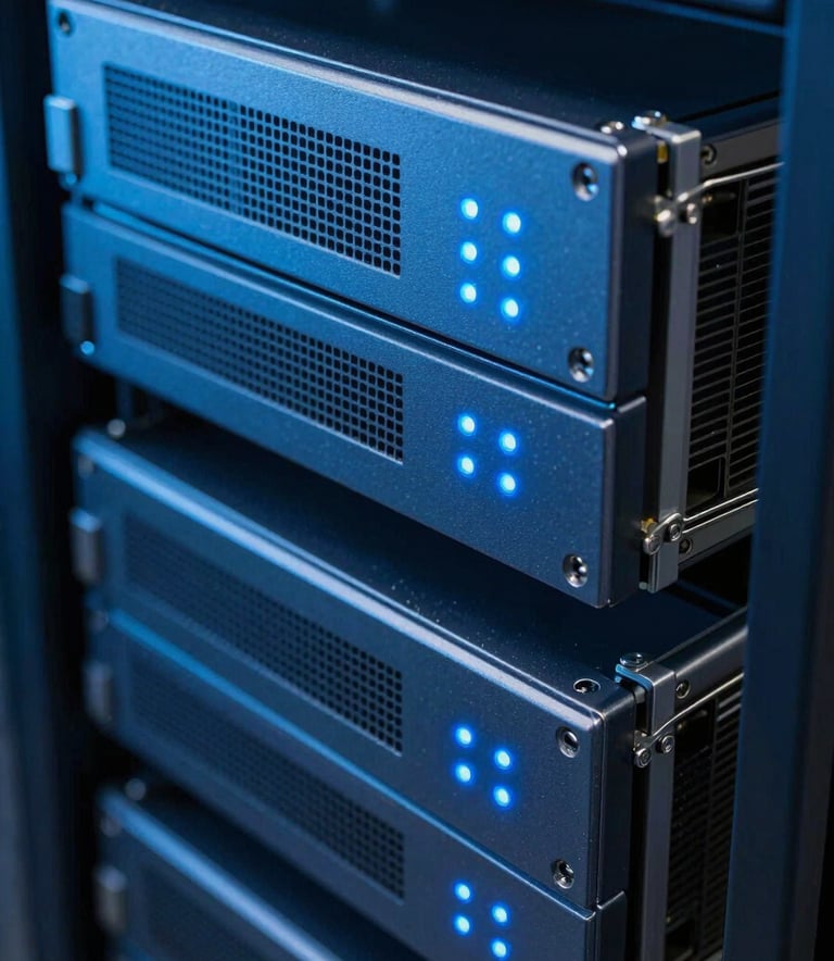 A close-up of high-speed server hardware in a data center. Sleek steel blue metal surfaces with glowing soft azure indicator lights. Professional architectural photography.