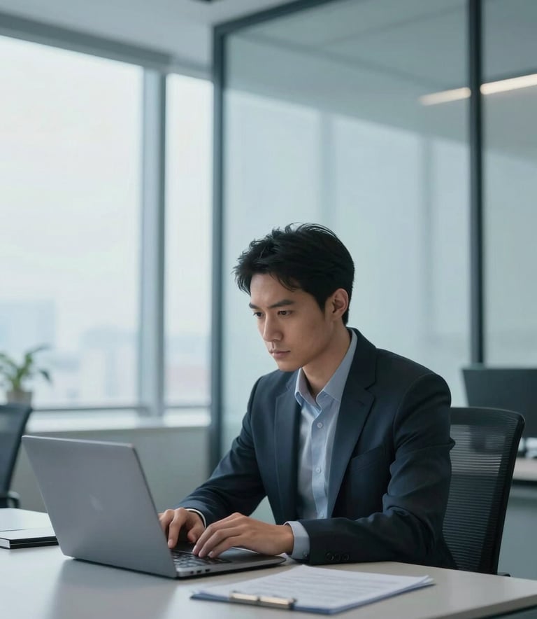 A sophisticated media professional working in a modern office with mist white walls and large glass windows. They are looking at a sleek laptop. The scene is lit with professional, soft studio lighting in tones of steel blue.
