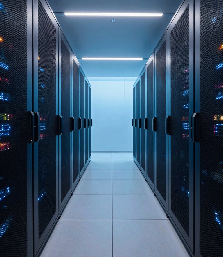 Photography of a sleek, ultra-modern data center corridor. The lighting is a mix of deep navy blue and soft cerulean. The composition is a wide-angle perspective shot, clean and symmetrical, reflecting sophisticated technology.