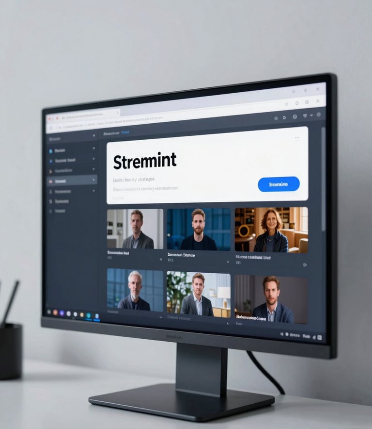 Close-up photography of a professional media workspace. A high-resolution screen displays a clean streaming interface. The environment is a minimalist studio with steel blue accents and mist white walls, conveying professional reliability and innovation.