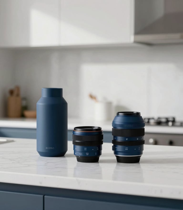 Clean photography of a modern British kitchen featuring minimalist household items. A white countertop serves as the backdrop, with soft natural light and a focus on sophisticated design. Incorporates deep blue accents.