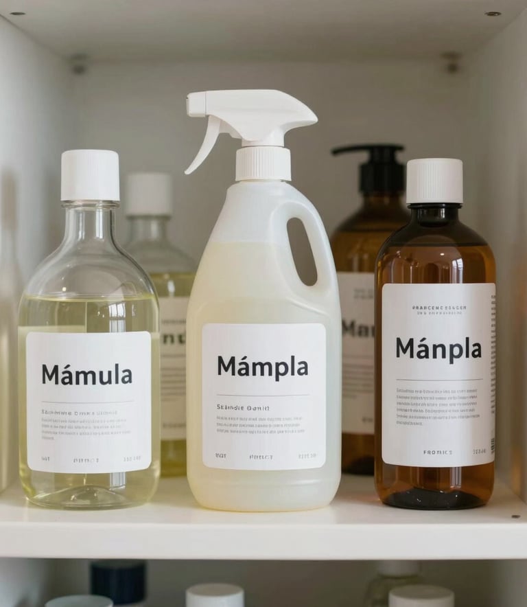 A collection of household essential products with clean, simple label designs, arranged neatly in a bright, modern British pantry, soft focus background.