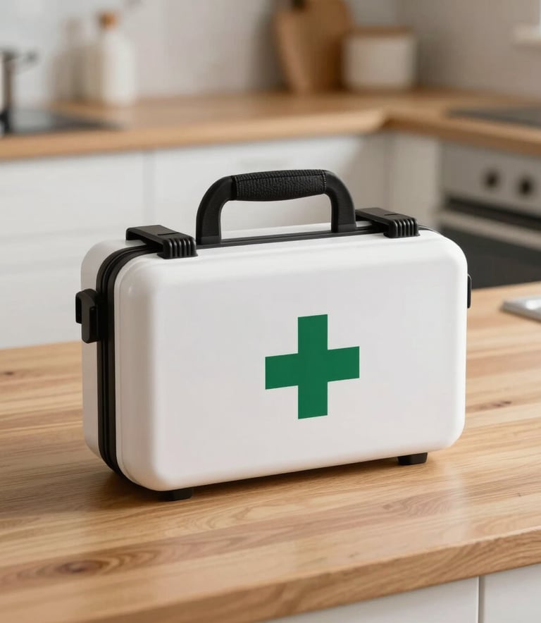 Detailed close-up of a professional first-aid kit with sleek, minimalist branding, placed on a clean wooden kitchen counter in a bright British home, professional photography.