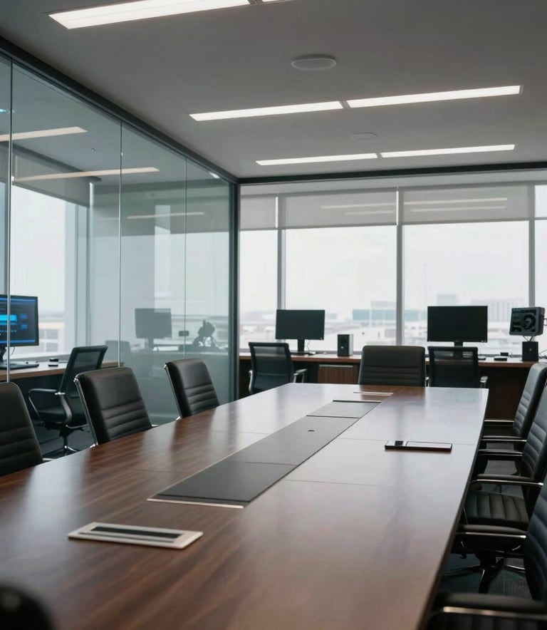 A wide-angle shot of a sleek, professional corporate boardroom in Kazakhstan, featuring glass walls and high-end technology, reflecting a secure air-gapped environment, natural daylight.
