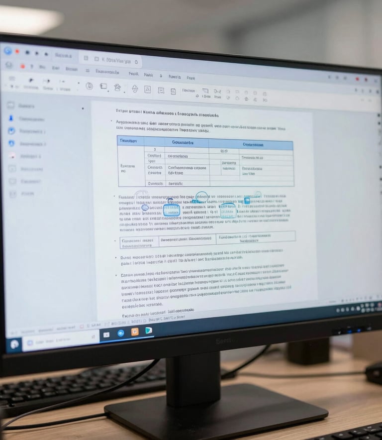 A close-up photograph of a professional workstation in a Central Asian corporate office. The focus is on a high-resolution display showing the SenTra interface, where a complex technical document with tables and stamps is being translated from English to Kazakh while perfectly preserving the original layout. Clean, professional lighting with soft blue and white tones.