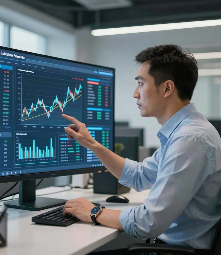 A professional Central Asian / Kazakhstani analyst in a modern office, interacting with a futuristic digital interface showing financial predictive dashboards, cinematic blue and white lighting, enterprise-grade atmosphere.