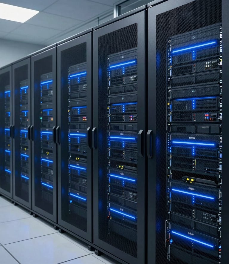 A professional photograph of a secure, modern data center interior. Rows of sleek server racks with blue accent lighting representing the ALDIS Securai on-premise infrastructure. The environment is clean, clinical, and reflects high-tier security and sovereignty.