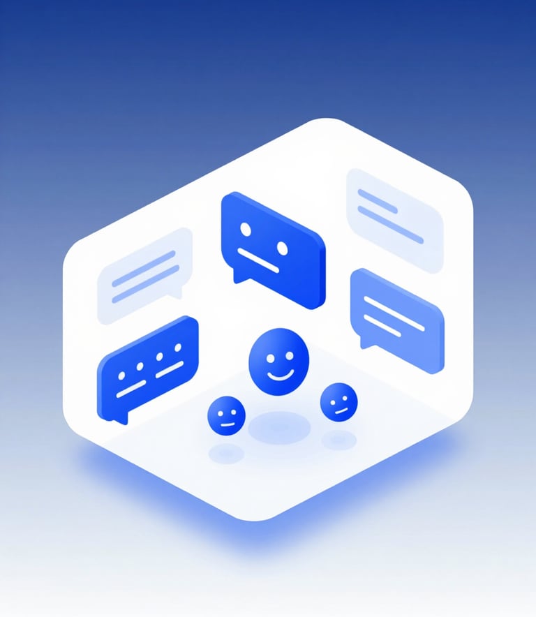 A clean, cutting-edge 3D illustration of a customer support interface. Isometric design featuring chat bubbles, mood analysis icons (smileys/neutral), and data nodes. Palette includes #4A7CA1 and #A5CADC on a white background.