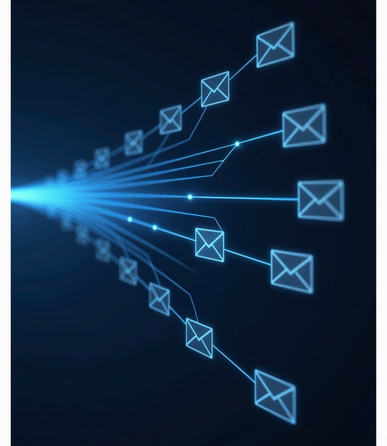 A sophisticated digital visualization of email data streams being intelligently sorted. Glowing blue pathways representing information flow, set against a dark, professional background using #1F3C57 and #4A7CA1. Minimalist and high-tech.