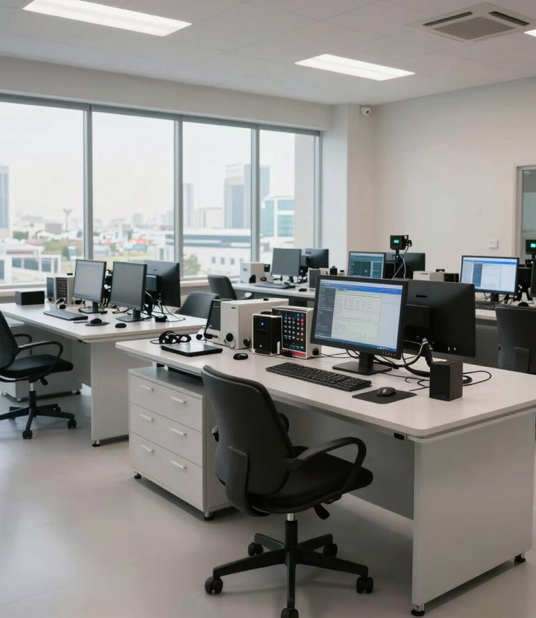 A wide shot of a modern and clean technical service center in Dubai with professional testing benches, high-end electronics, and soft daylight filtering through large windows.