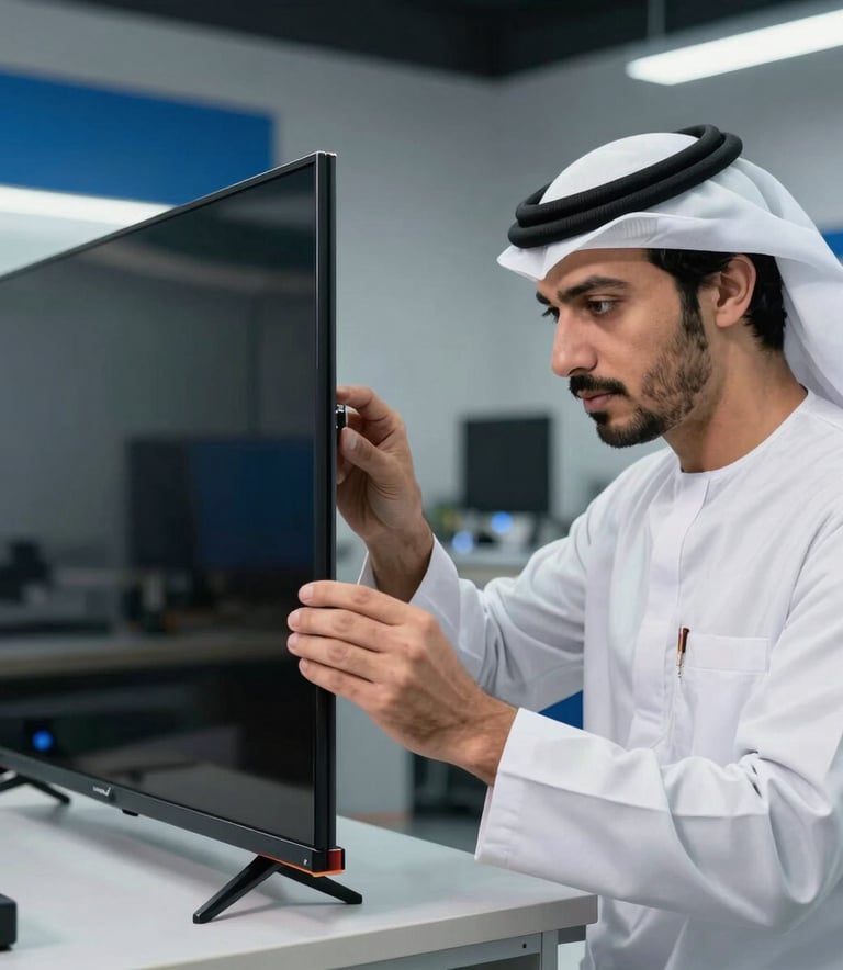 A technician inspecting the thin frame of a modern OLED television. The background is a professional workshop with blue and gray blue accents, conveying a sense of modern professionalism. Middle Eastern / Gulf style.
