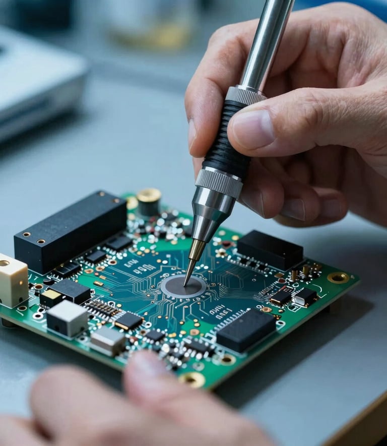 Macro photography of a skilled technician's hands using a precision tool on a complex Smart TV circuit board, illuminated by steel blue workshop lighting.