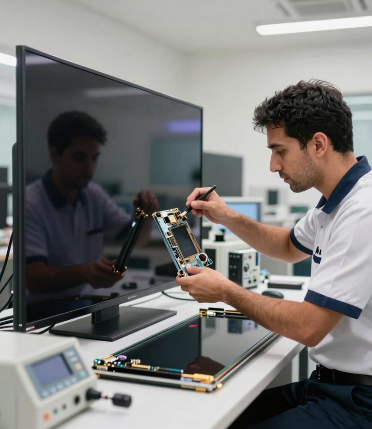 A professional technician wearing a neat uniform meticulously repairing a large smart television screen in a bright, modern workshop in Dubai. The setting features professional electronic testing equipment and soft lighting, reflecting technical expertise. Middle Eastern / Gulf context.