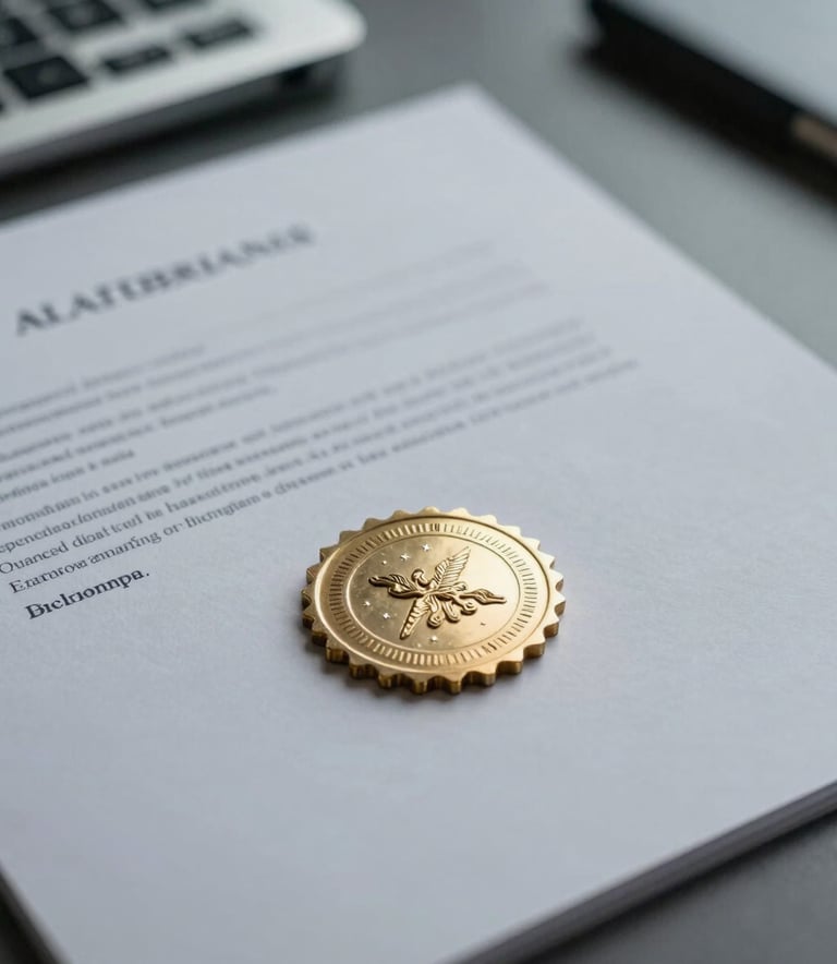 A detailed close-up of a professional legal document with a clear notary seal on a light slate grey surface, photographed in a well-lit North American / US office setting with muted blue accents.