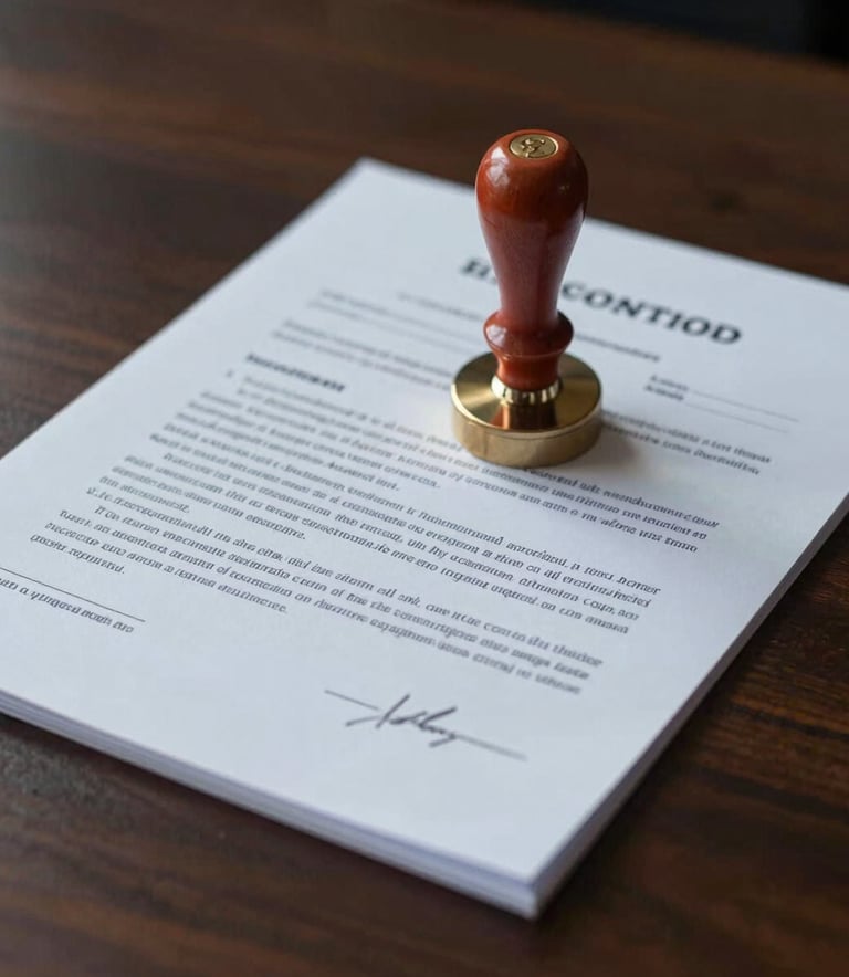 A close-up of a notary seal and official legal documents resting on a dark walnut table in a North American office. The lighting is soft yet professional, highlighting the texture of the paper. Colors include dark grayish blue and light gray.