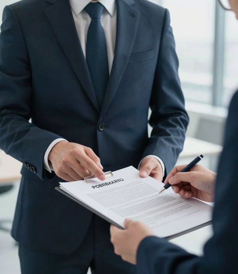 A professional in a sharp business suit reviewing a contract in a bright, modern North American office. Focus is on the professional atmosphere and the document. Palette colors of dark blue and light gray are present.