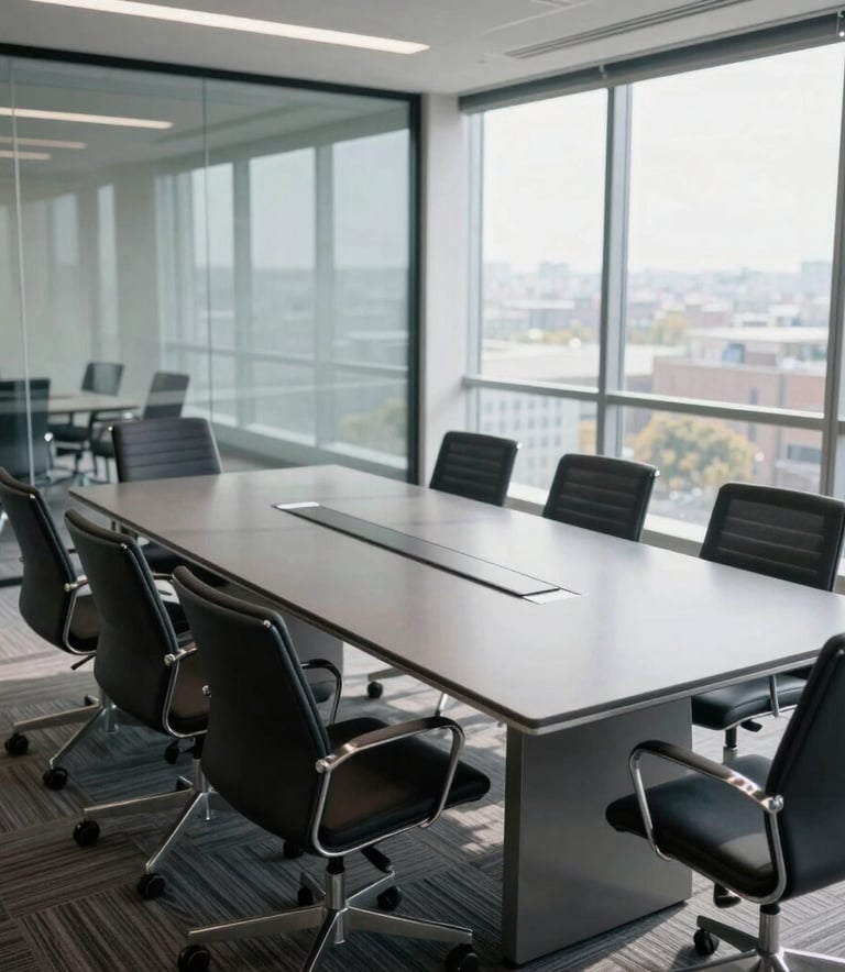 A high-angle photograph of a modern North American / US conference room with clean glass walls, a polished grey table, and soft morning light, evoking an atmosphere of professional security and modern organization.