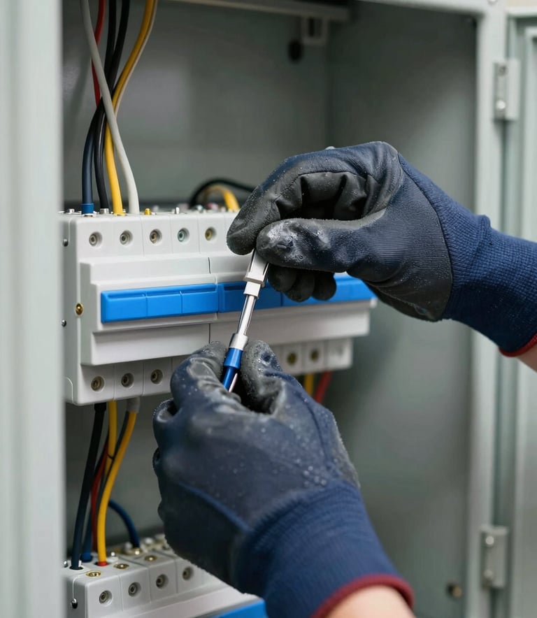 A close-up photograph of a professional electrician's hands in Slate Navy protective gloves, meticulously organized wiring inside a modern electrical panel. The lighting is bright and clear, emphasizing a clean and precise installation. Soft Silver-Blue metallic accents are visible on the tools.