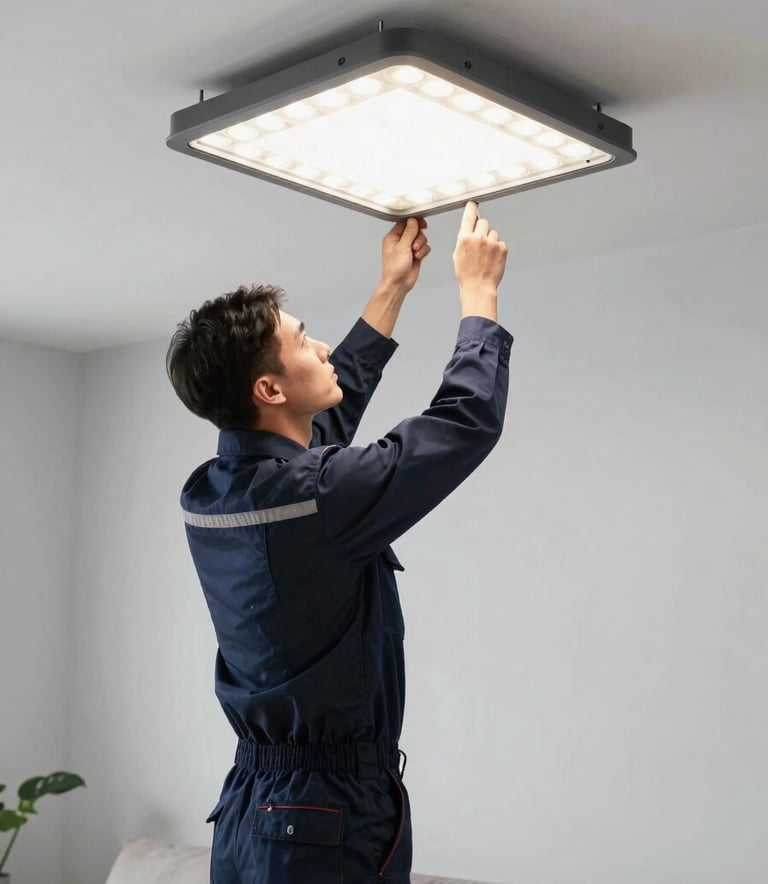 A professional technician wearing a Slate Navy uniform, installing a modern LED lighting system in a minimalist living room. The room has Pale Mist Grey walls. The shot is wide, showing the efficiency and cleanliness of the work process.