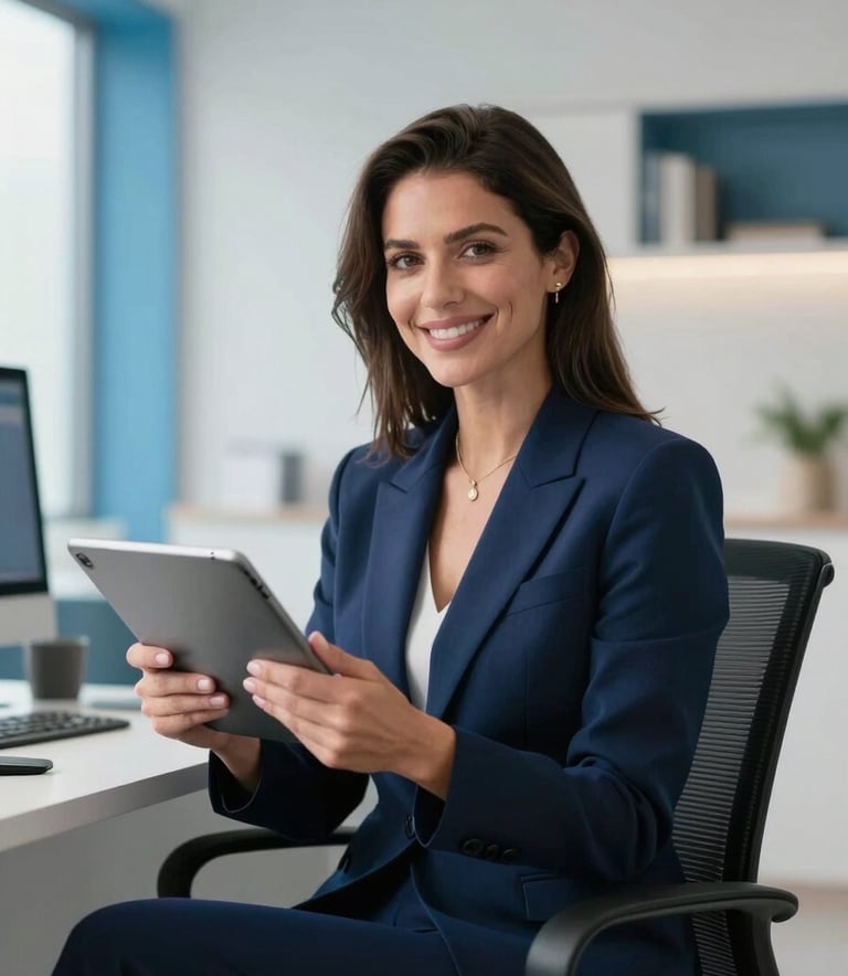 A professional American woman sitting in a sleek, modern home office in Georgia. She is smiling confidently, holding a digital tablet. She wears a midnight blue blazer. The background is softly blurred, showing a clean, high-tech workspace with sky blue and soft white accents.