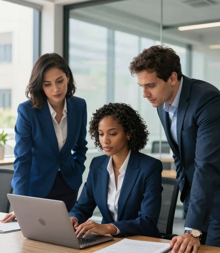 A group of three diverse American tech professionals, two women and one man, collaborating over a laptop in a bright, modern glass-walled office in Atlanta. They are dressed in smart-business attire featuring steel blue and midnight blue tones. The lighting is natural and bright, reflecting a sophisticated and professional workspace.
