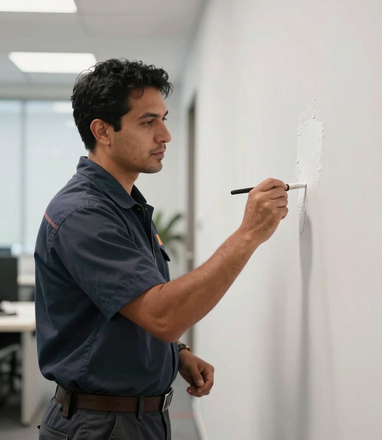 A professional maintenance technician in a clean uniform carefully painting a wall in a bright, modern North American / Mexican corporate office setting.
