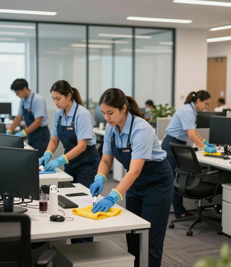 A group of professional cleaning staff in tidy uniforms working in a large, modern office with glass partitions and white desks, North American / Mexican workplace.
