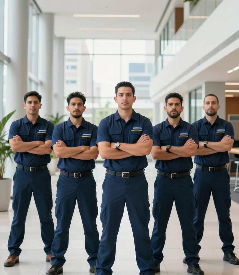 A professional team of workers in navy blue uniforms standing confidently together in a bright, modern corporate atrium in a North American / Mexican city, soft natural light, clean composition.