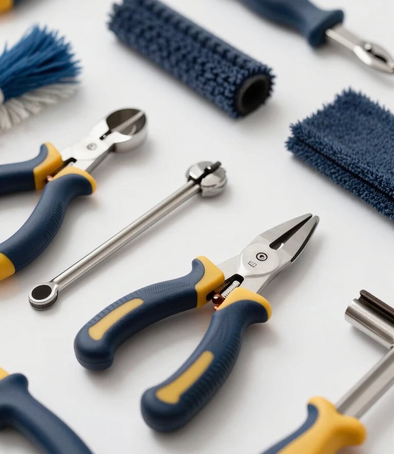 Close-up of professional cleaning and maintenance tools organized neatly on a white background, hints of navy blue and gold accents, high-end commercial photography style.
