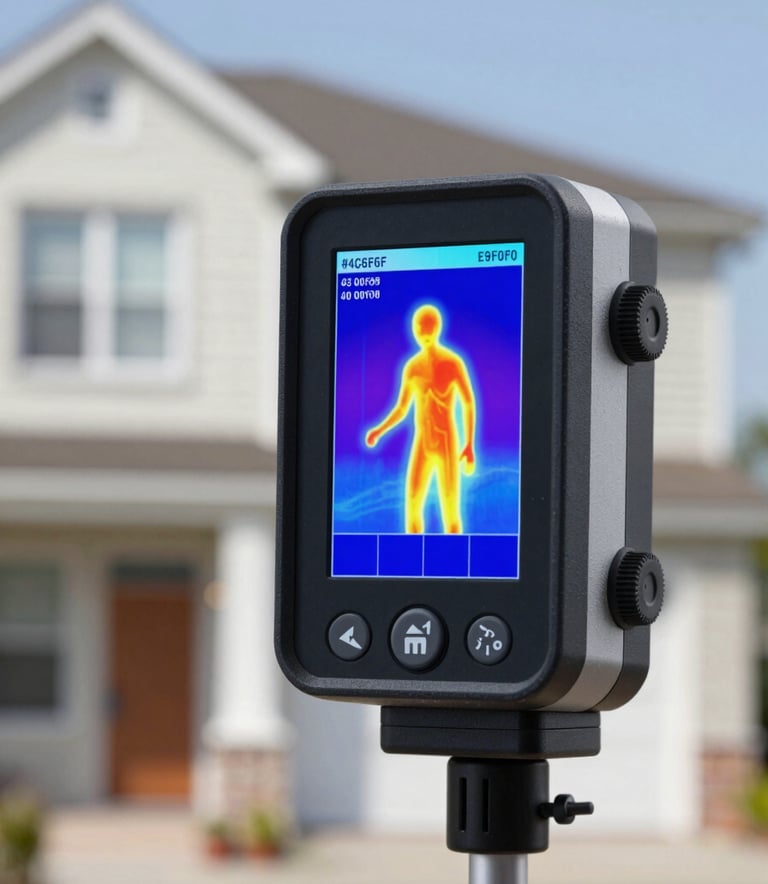 View of a professional thermal imaging camera displaying heat loss analysis on a residential property's facade. Scientific and precise atmosphere, utilizing brand colors #4C6F6F and #E9F0F0 for a high-tech, reliable look.