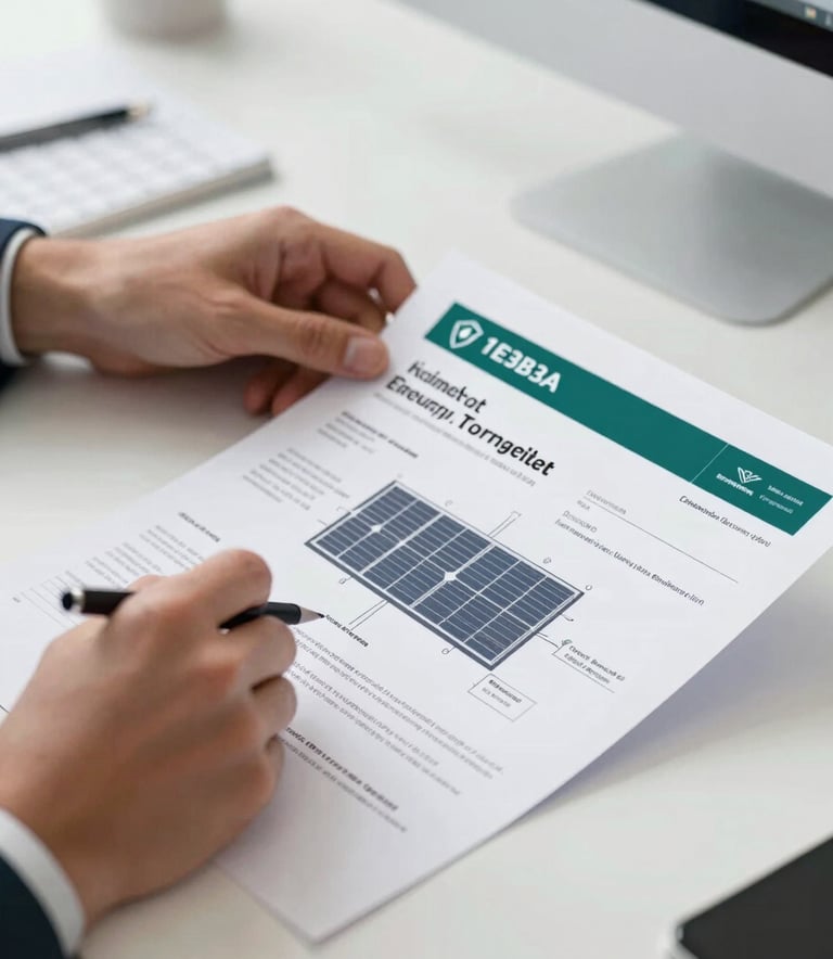 Close up of an expert's hands reviewing architectural energy certificates and solar panel technical drawings on a modern desk. Sharp focus, professional lighting, incorporating brand colors #1E3B3A and #4C6F6F for an authoritative mood.