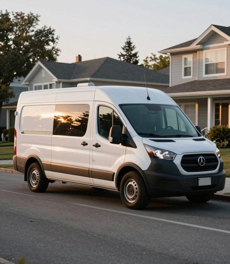 A professional electrical service van with modern branding parked on a quiet residential street in a North American / US neighborhood during the day, golden sand sunlight reflecting off the windows.