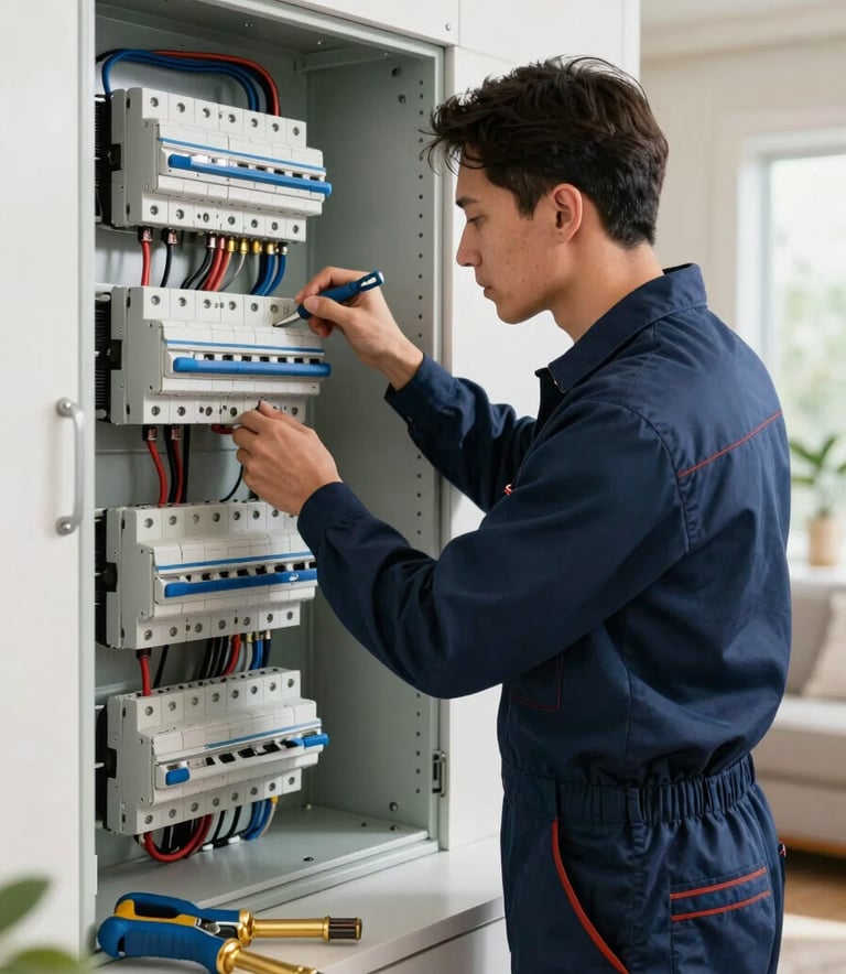 A professional electrician in a navy blue uniform focusing on a complex circuit breaker panel inside a contemporary North American / US residence. The scene is well-lit with professional tools in steel blue and golden brass visible in the foreground. High-quality, modern home maintenance setting.