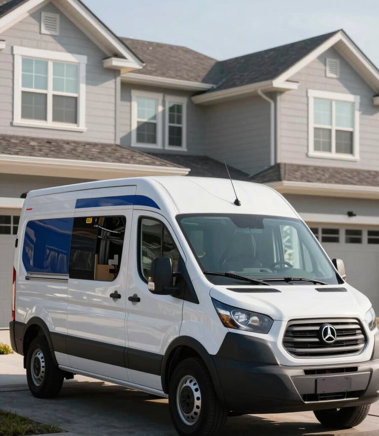 A clean, white professional electrical service van parked in front of a modern North American / US suburban home during a bright morning. The van features deep navy blue and steel blue accents. Professional and reliable atmosphere.
