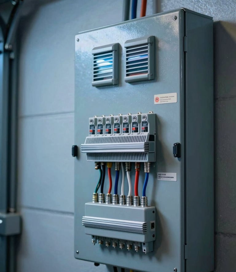 A close-up of a modern, organized residential electrical panel with professional wiring in a North American / US garage setting, illuminated by steel blue workspace light.