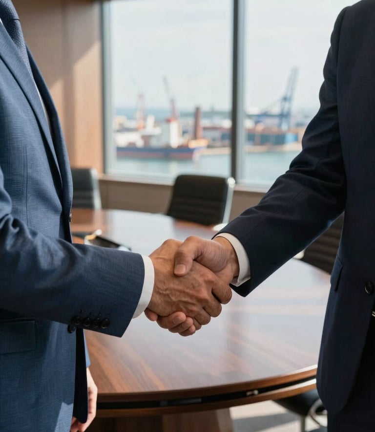 A close-up photograph of a professional handshake between two business partners in a high-end, sunlit boardroom in a Lusophone Internacional setting. The background features a large window with a view of a busy commercial port. The lighting is sophisticated and warm, emphasizing sharp navy blue and light blue textures of professional attire.