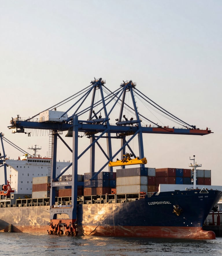 A wide-angle landscape photograph of a modern cargo terminal at dawn. The scene features massive cranes in shades of blue and silver lifting containers onto a large ship. The atmosphere is efficient and calm, with a palette of deep navy and light grey, reflecting a Lusophone Internacional industrial context.