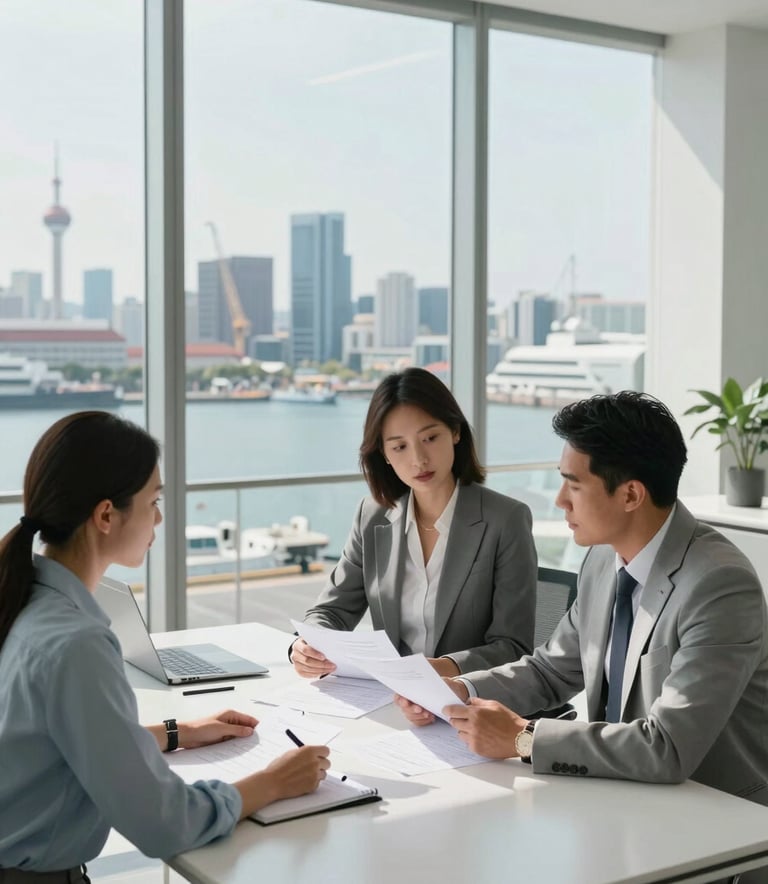 A sophisticated meeting in a bright, modern office with floor-to-ceiling windows overlooking a busy commercial harbor. Two professionals in elegant business attire are reviewing documents on a sleek table. Professional lighting, minimalist style, Lusophone Internacional context, colors of Mist White and Soft Steel Blue.