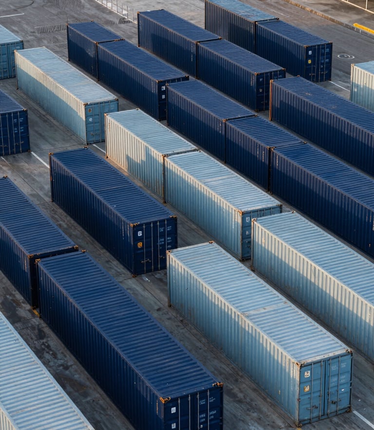 Aerial view of a clean, modern logistics hub in a Lusophone Internacional coastal city. Neatly arranged shipping containers in shades of Dark Navy Blue and Soft Steel Blue. Morning sun, high-contrast, minimalist architectural composition.