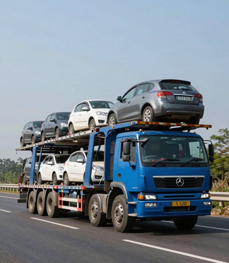 A massive steel blue car carrier truck driving along a modern highway in a South Asian / Indian landscape, carrying multiple cars, clear sky, professional photography, clean aesthetic.