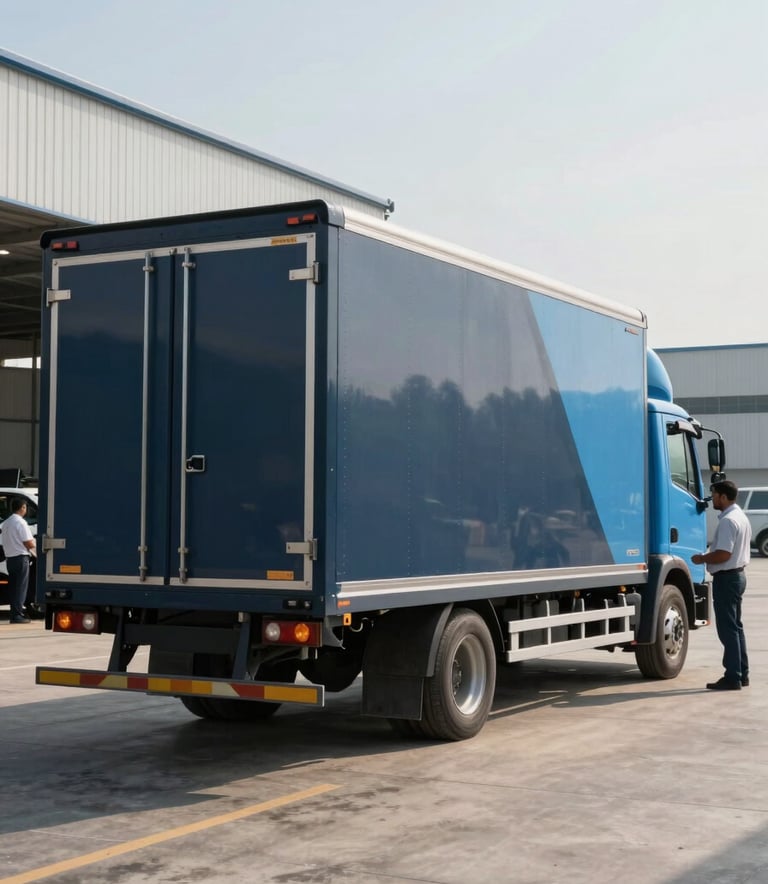 A premium enclosed car carrier trailer parked in a modern South Asian / Indian logistics hub during the daytime, with professional staff nearby. The scene is clean and efficient, featuring Deep Charcoal Blue and Soft Sky Blue accents on the vehicle.