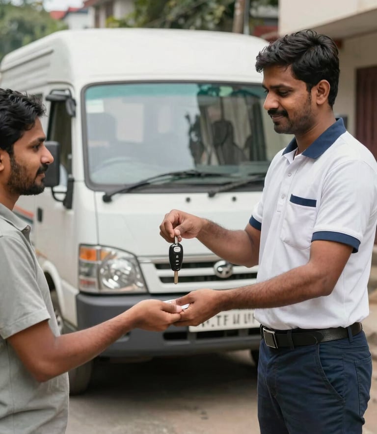 A professional logistics driver in a South Asian / Indian urban residential area handing over car keys to a satisfied customer after a successful delivery, with a clean transport vehicle in the background.