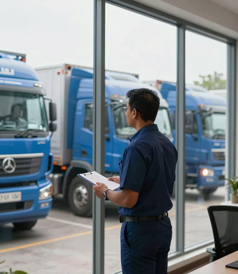 A professional logistics coordinator in a modern South Asian / Indian office environment, wearing a dark slate blue uniform, inspecting a fleet of steel blue transport trucks through a large glass window, bright and efficient atmosphere.