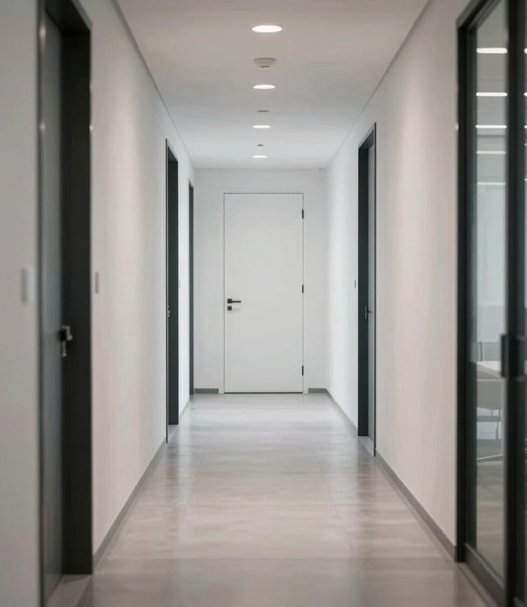 Close up of a clean, minimalist office hallway in Germany, soft professional lighting, reflecting high quality and efficiency.