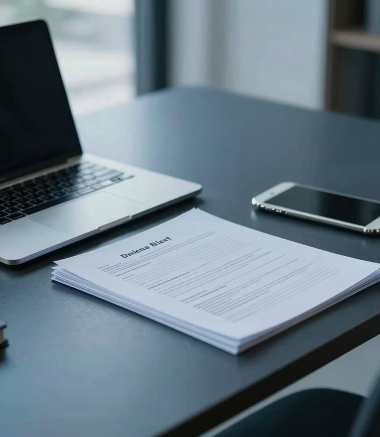 Photography of a modern office desk in an Iberian setting with a laptop and professional documents. Muted blue and dark slate tones reflect a sophisticated career consulting atmosphere, soft natural lighting.